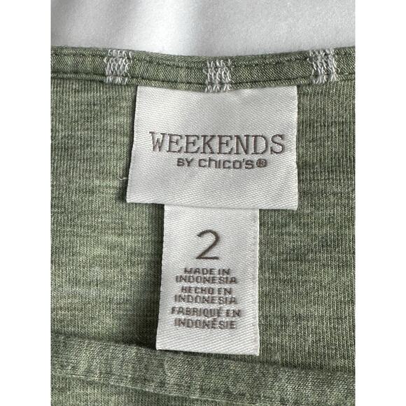 Weekends By Chico's Women's Tunic Top Size 2 Lg 3/4 Sleeves Green Striped V Neck - Picture 8 of 13